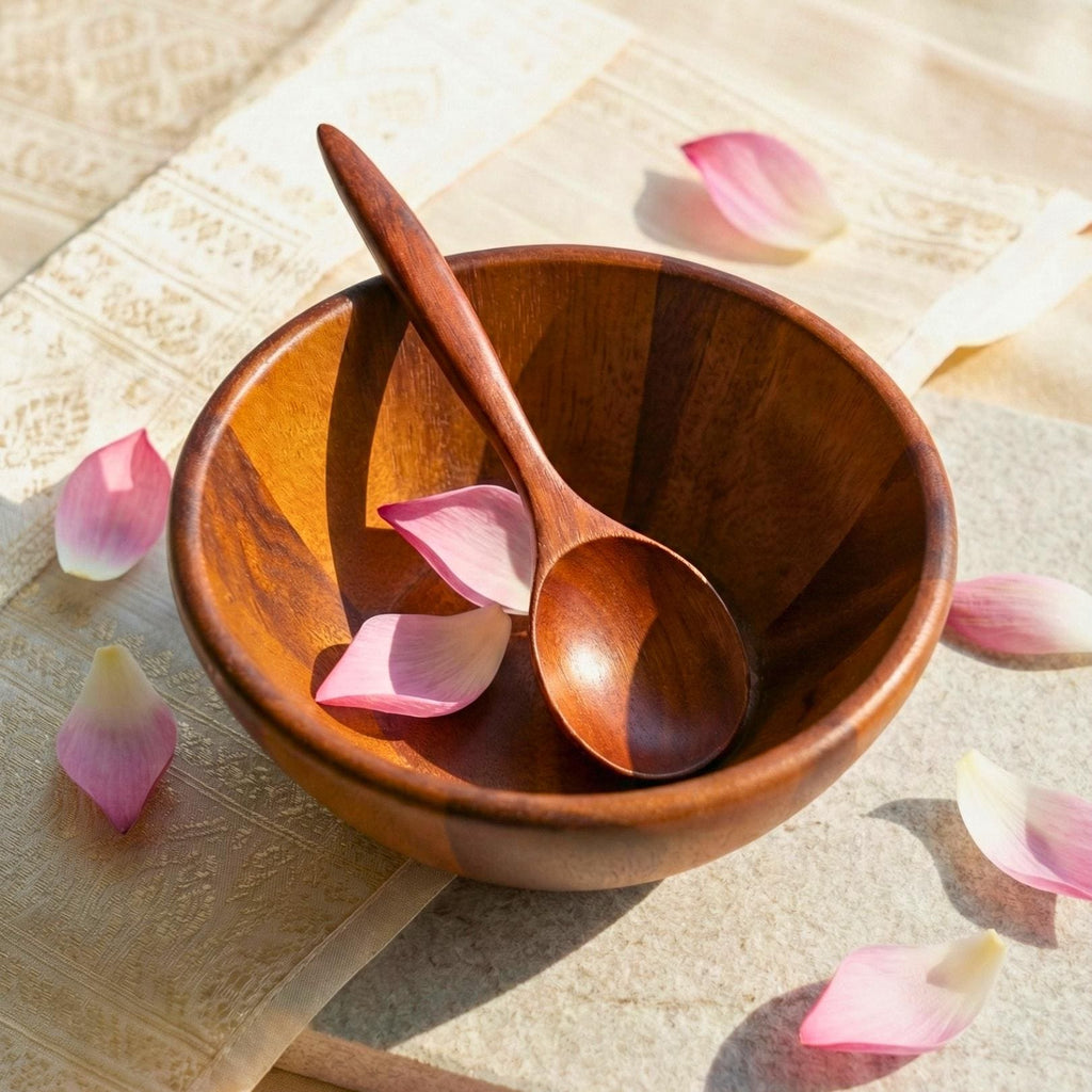 Hand Carved Acacia Wood Bowl & Spoon Set: Rustic Cereal and Soup Bowl