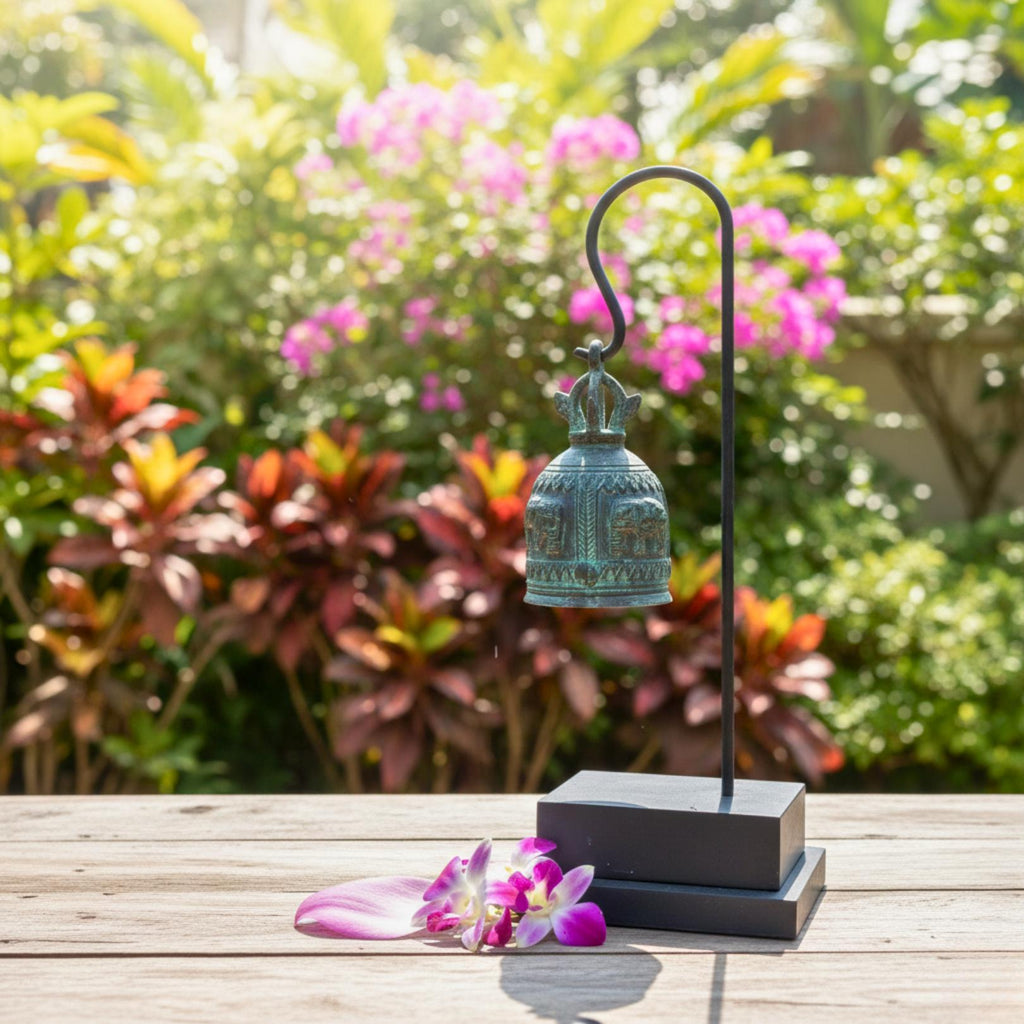 Minimalist Metal Bell Stand: Antique Patina Temple Bell Modern Decor