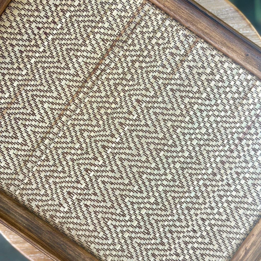 Handcrafted Hardwood Serving Tray: Woven Rattan Elevated Riser for Serving & Tea Set Display