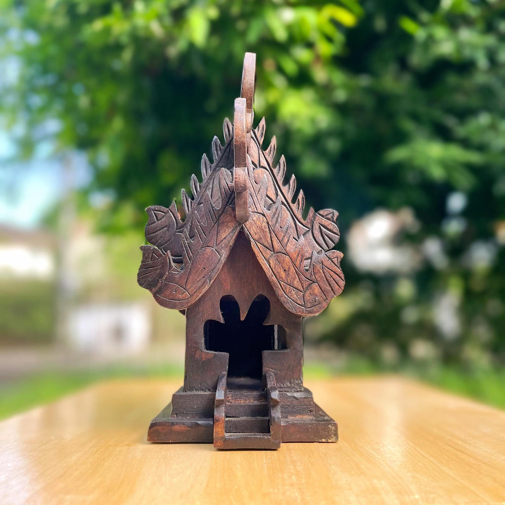 Handcrafted Teak Wood Spirit House: San Phra Phum Traditional Thai Folk Art Decor
