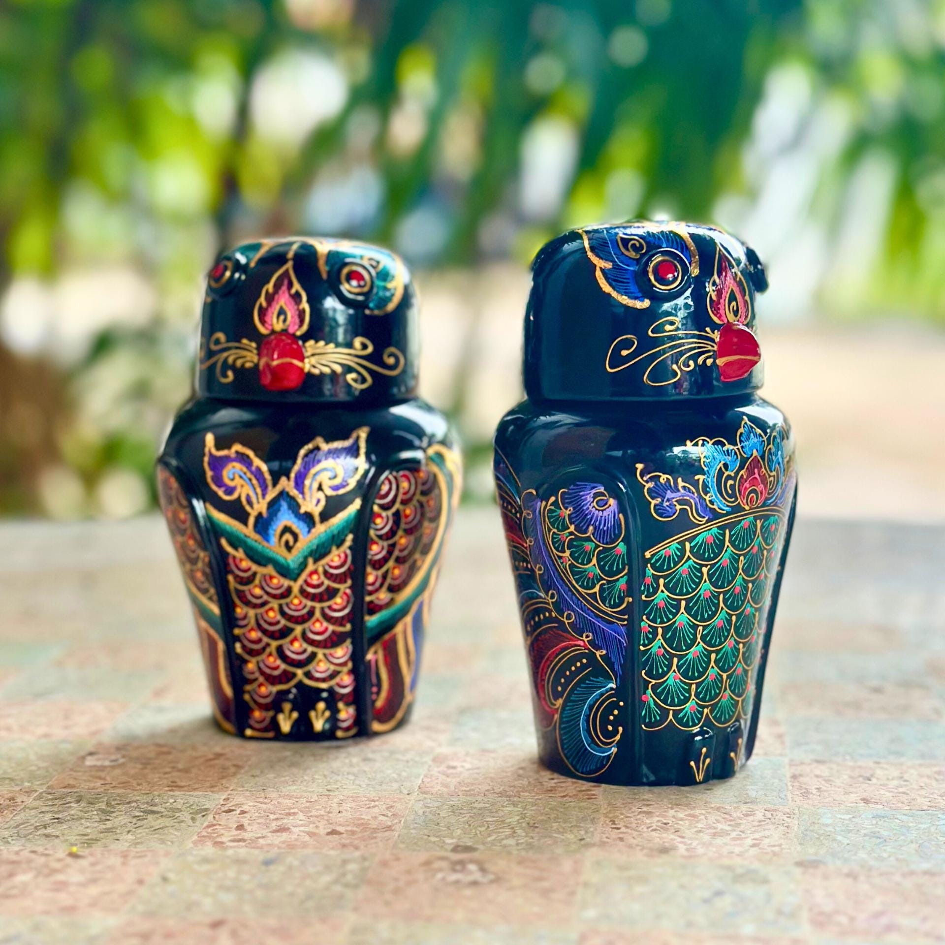 Hand-Painted Acacia Wood Owl Figurine: Black Lacquer Gold Accents