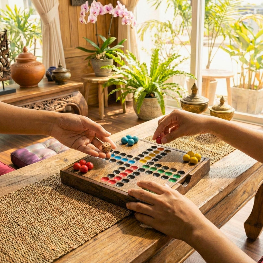 Handmade Acacia Wood Ludo Set with Wooden Marbles: 4 Player Traditional Game