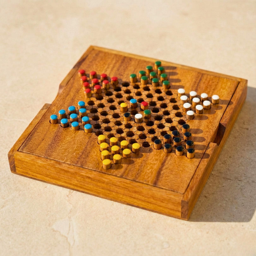 Hand Carved Wood Chinese Checkers Set: Rustic Portable Board Game, Toy & Puzzle