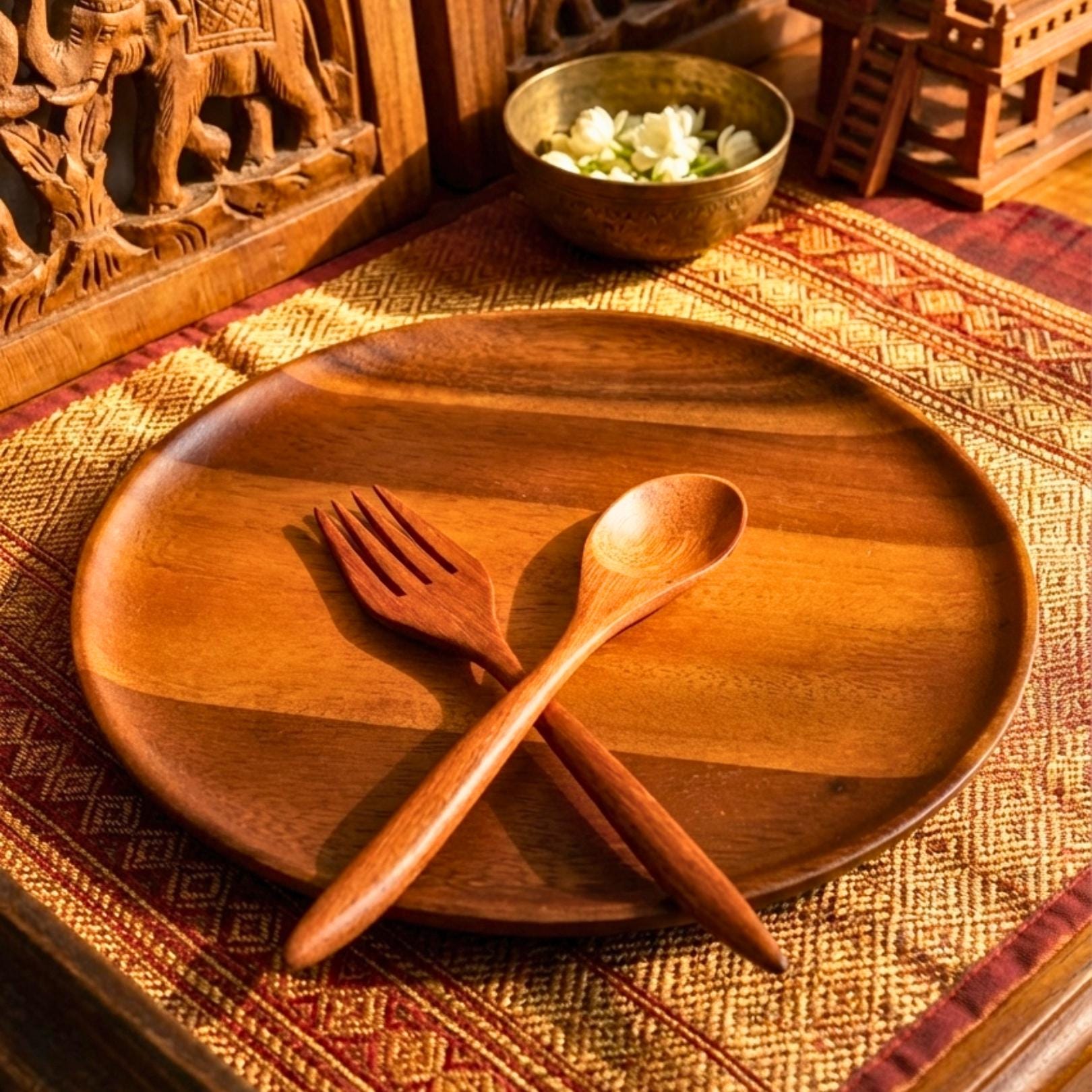Hand Carved Upcycled Teak Wood Dinnerware Set: Rustic Plate, Fork & Spoon Trio