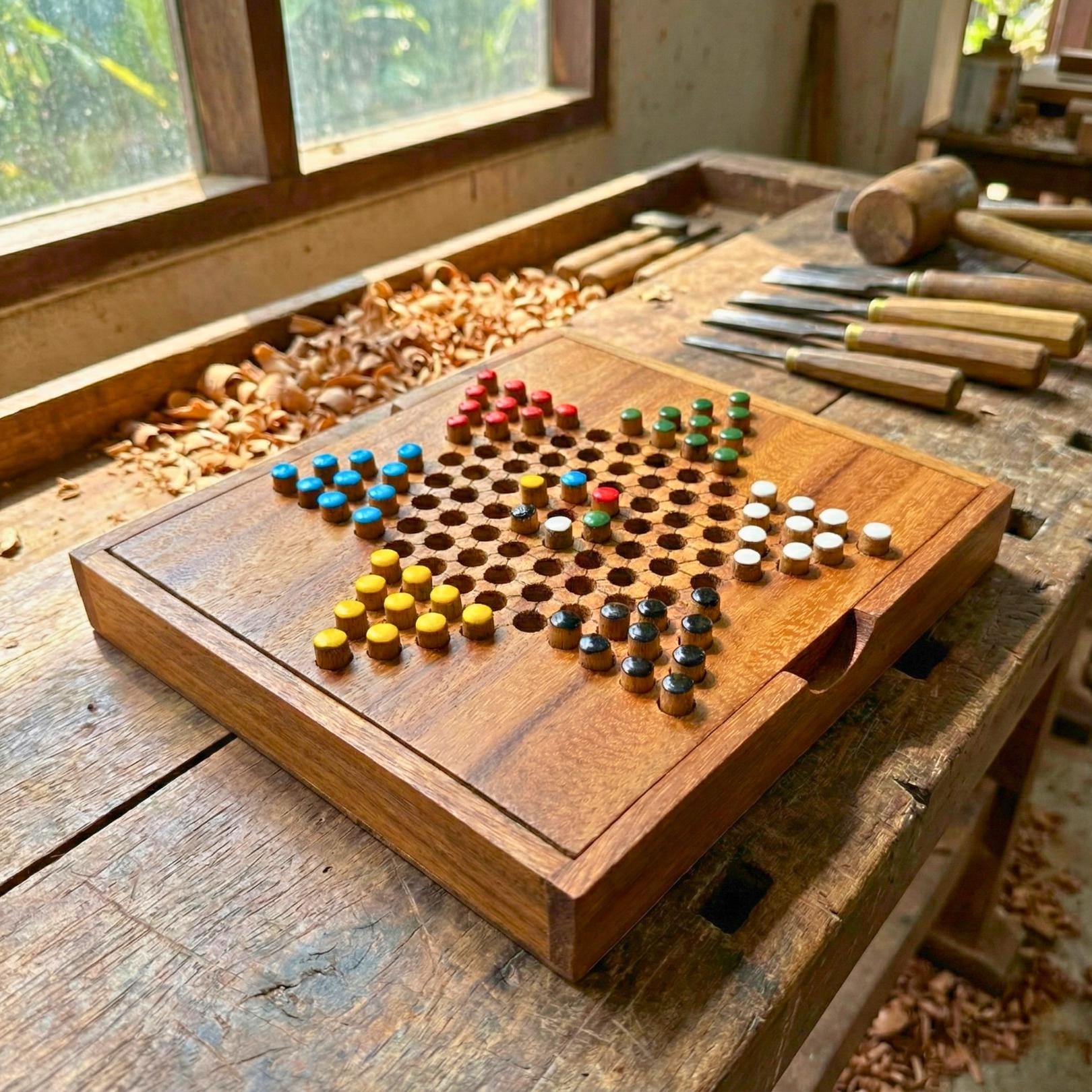 Hand Carved Wood Chinese Checkers Set: Rustic Portable Board Game, Toy & Puzzle