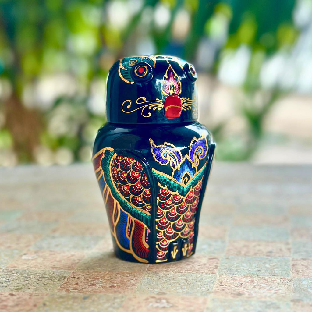 Hand-Painted Acacia Wood Owl Figurine: Black Lacquer Gold Accents