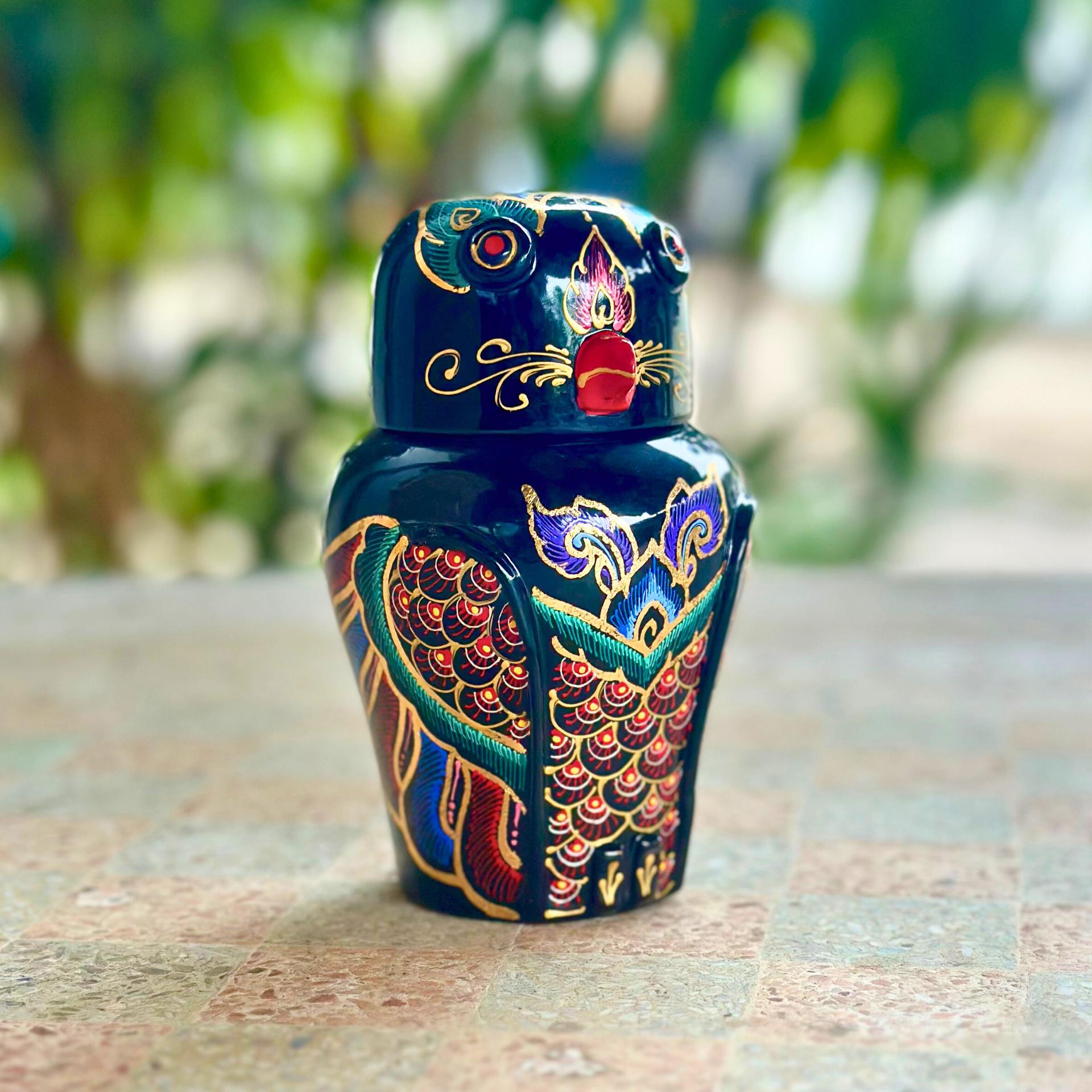 Hand-Painted Acacia Wood Owl Figurine: Black Lacquer Gold Accents