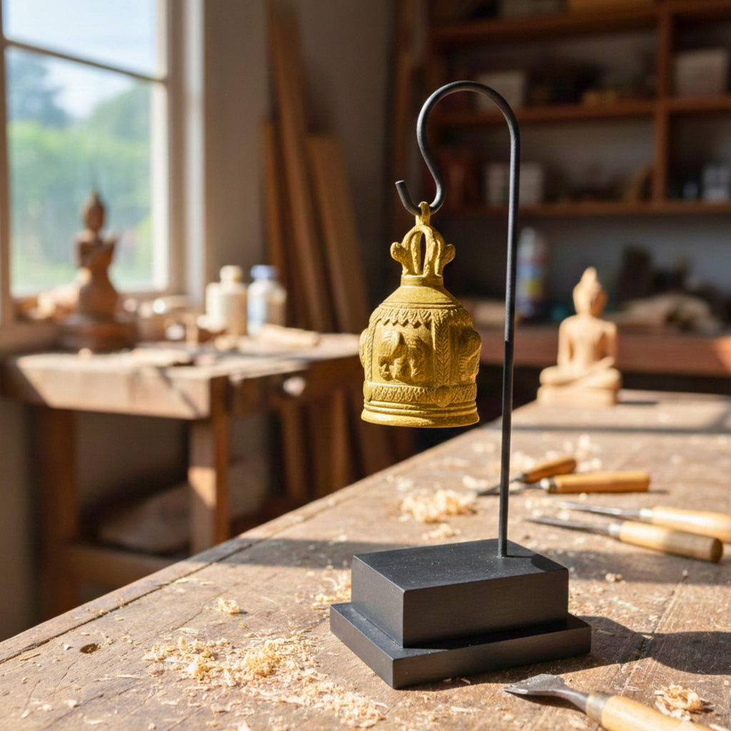 Minimalist Golden Bell Stand: Polished Thai Temple Bell Modern Decor