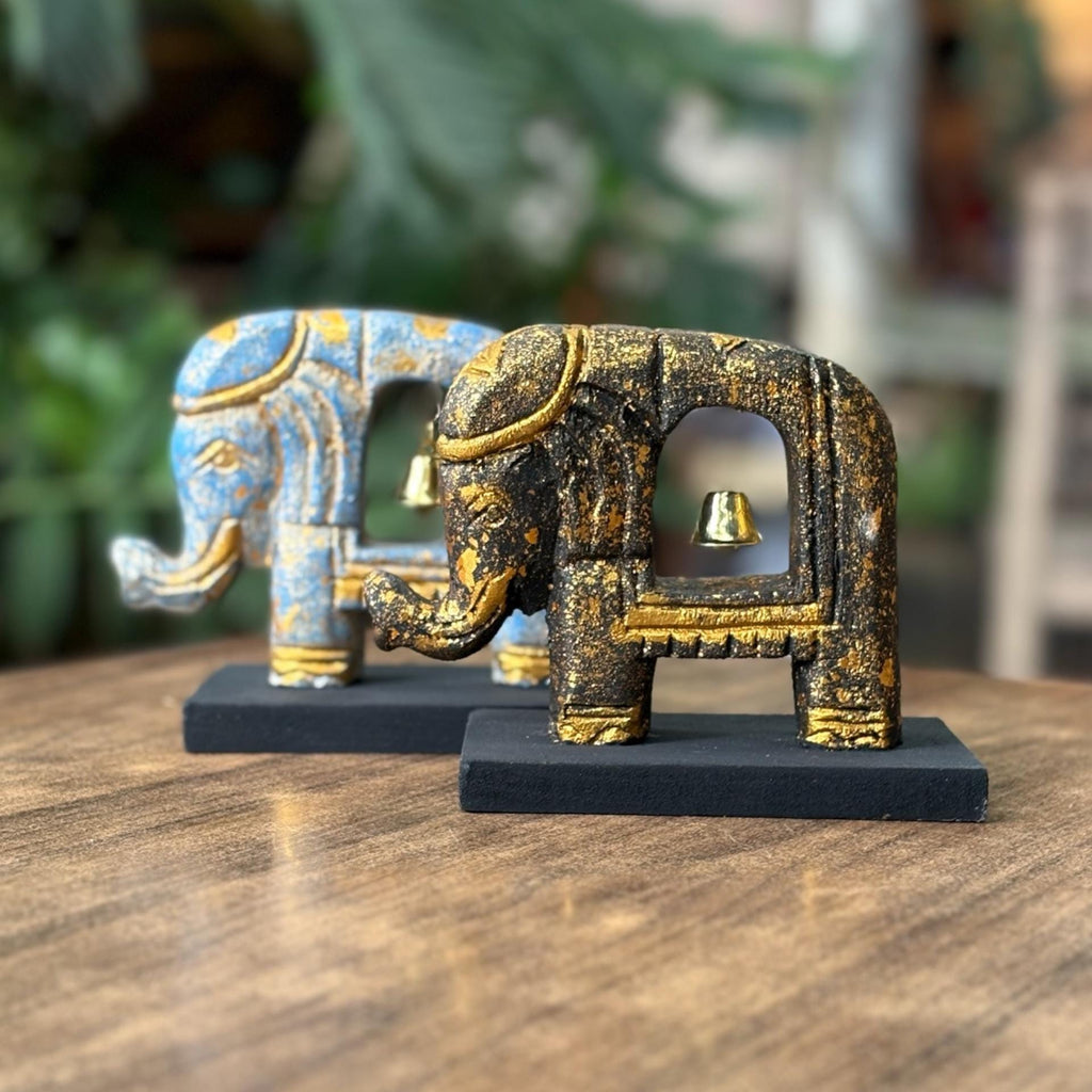 Handcarved Elephant with Bell: Wood Brass Figurine Symbolic Decor