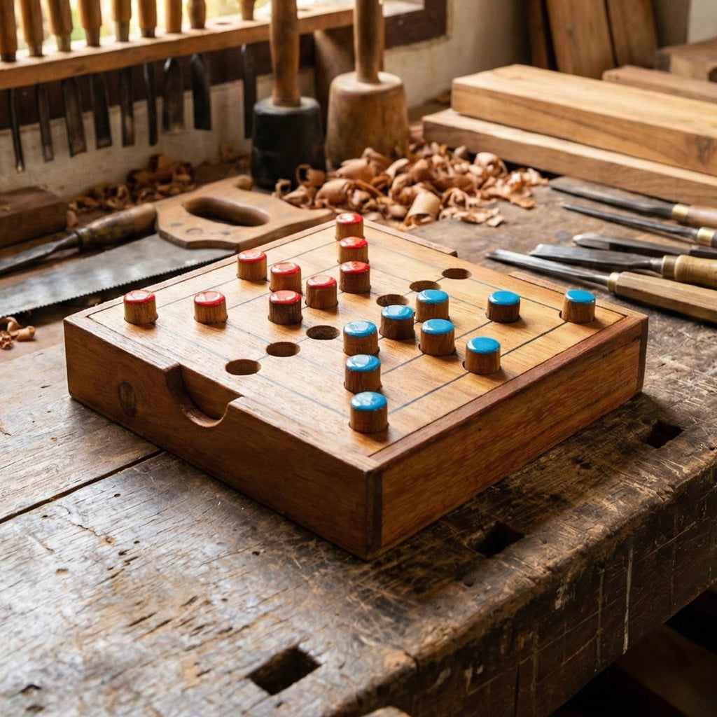 Hand Carved Teak Wood Strategy Game: 2 Player Traditional Board Game Toy