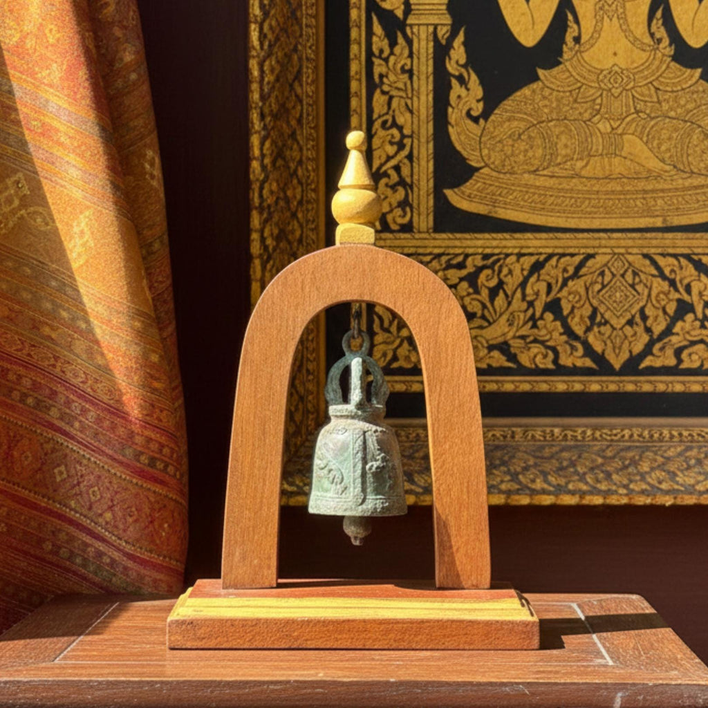 Handcrafted Wood Arch Bell Stand: Aged Brass Temple Bell Rustic Accent