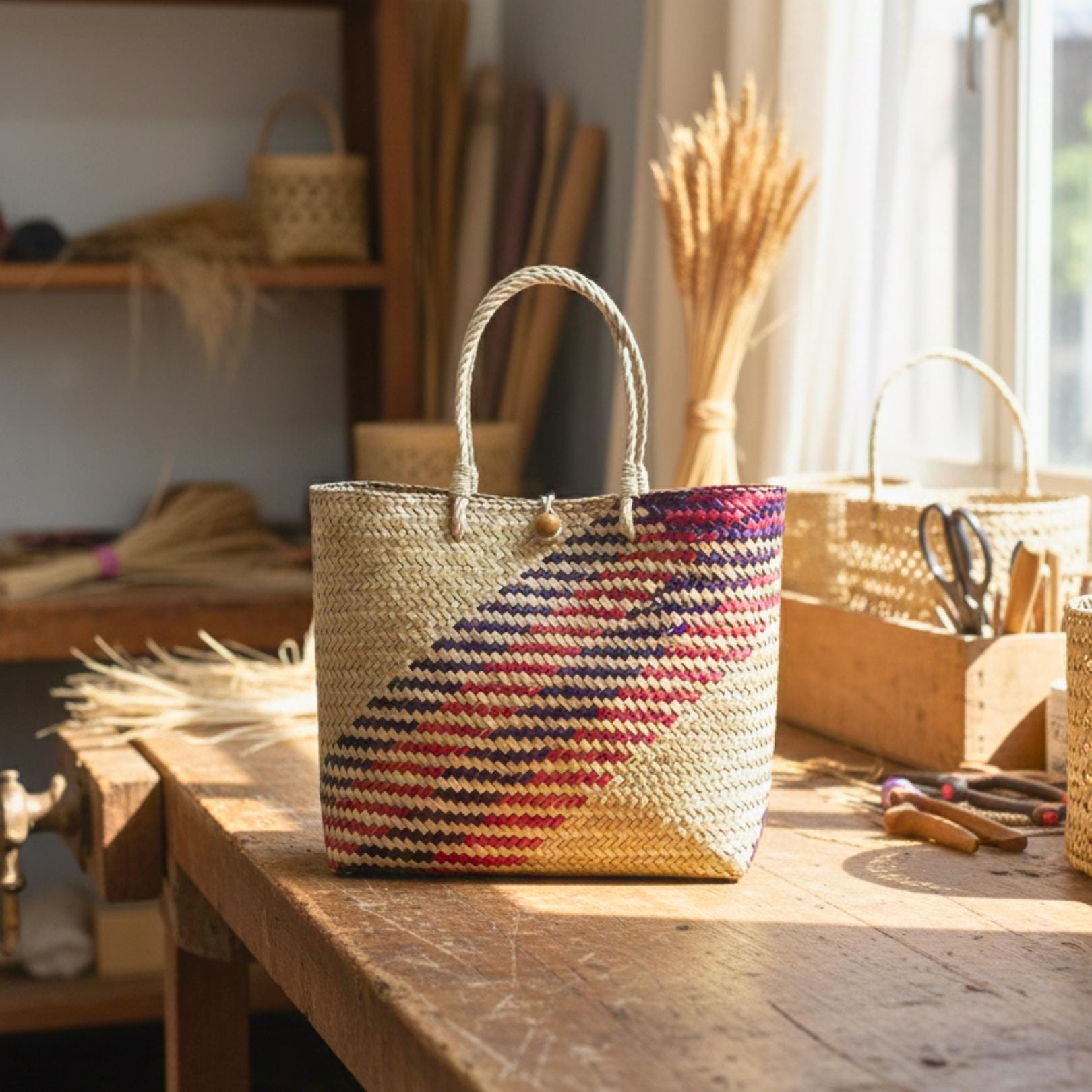 Hand Woven Rattan Market Bag: Large Boho Wicker Tote with Geometric Pattern