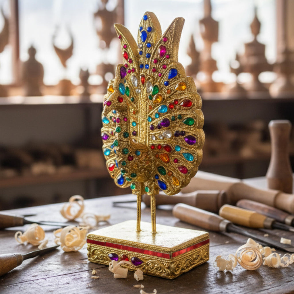 Jeweled Golden Peacock Figurine: Ornate Thai Home Decor