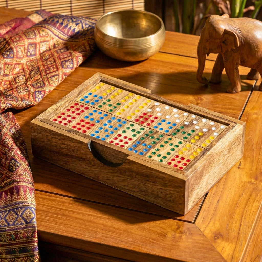 Hand Carved Acacia Wood Dominoes Set: Traditional Tabletop Game Toy