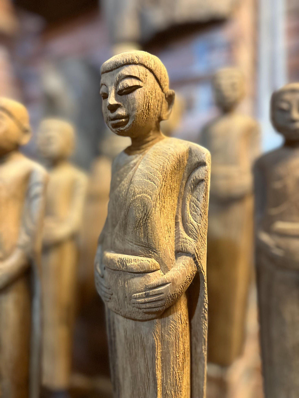 Hand Carved Teak Thai Monk Statue: Rustic Spiritual Decor