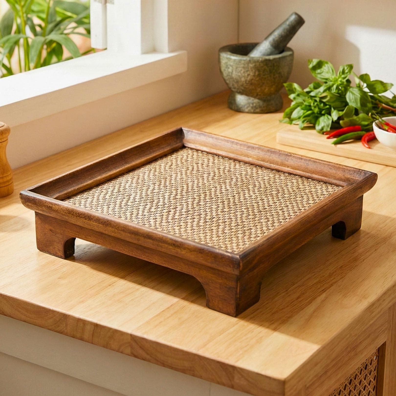 Handcrafted Hardwood Serving Tray: Bamboo Woven Riser for Tea & Teaware, Square