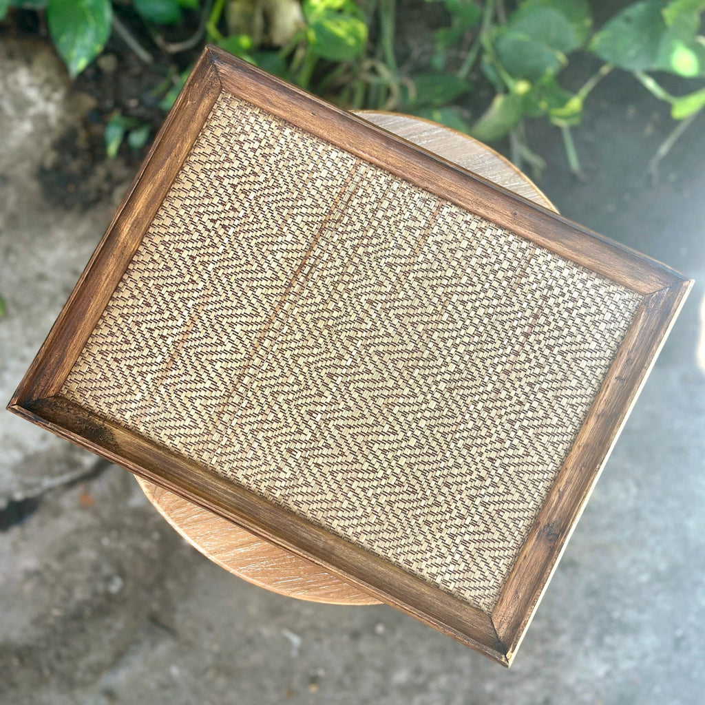 Handcrafted Hardwood Serving Tray: Woven Rattan Elevated Riser for Serving & Tea Set Display