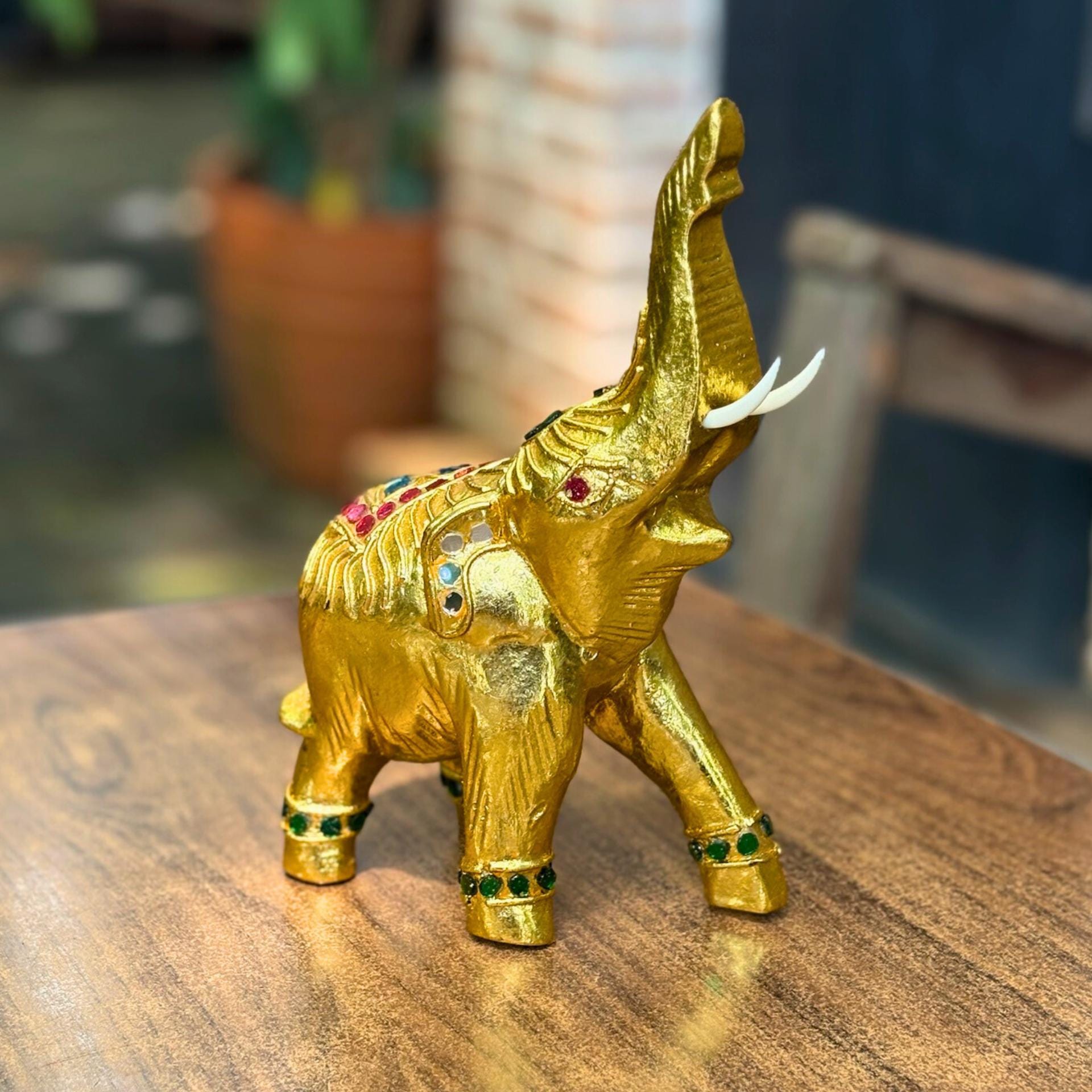 Golden Elephant Figurine, Thai Handcrafted Decor: Jeweled Lucky Elephant Statue, Cultural Home Accent