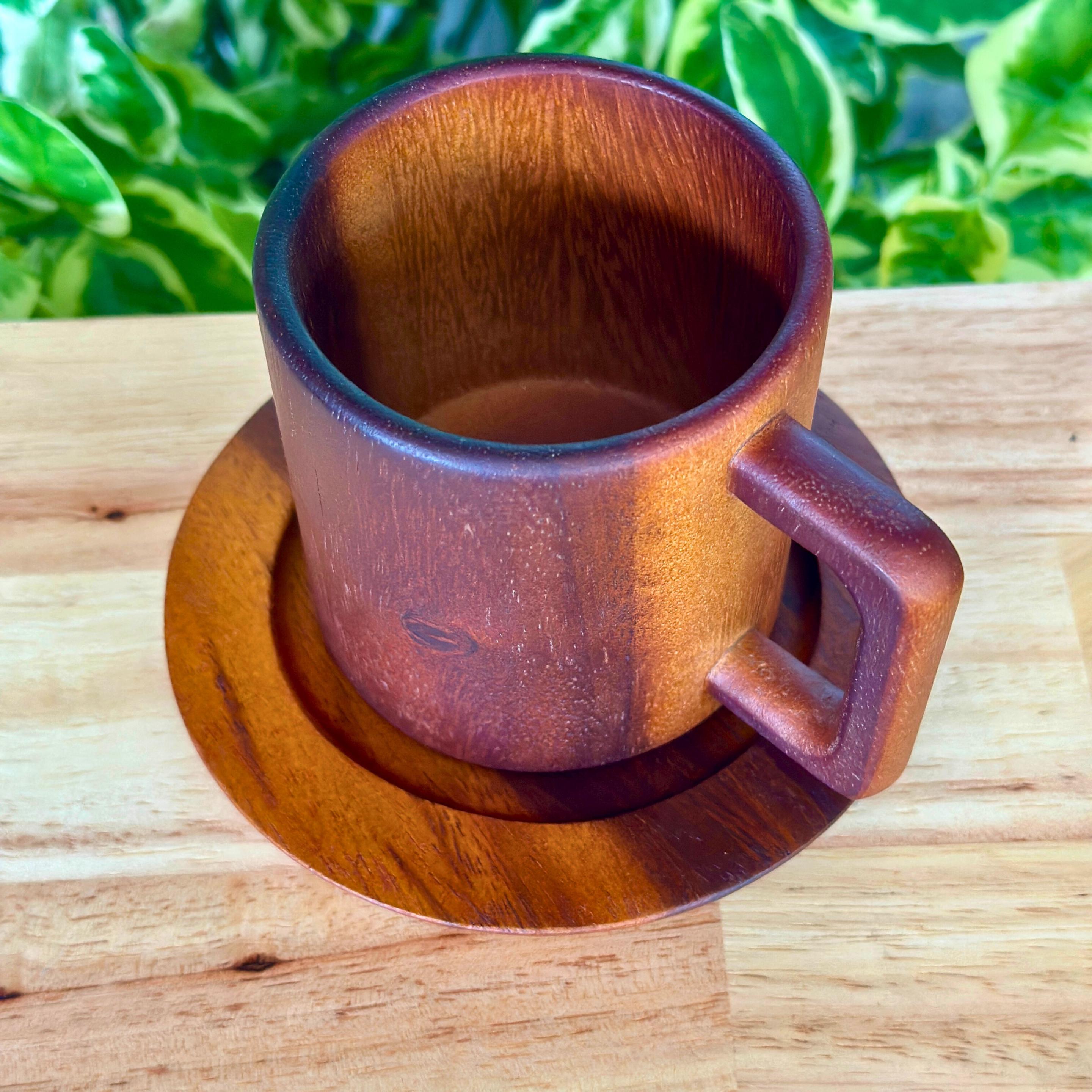 Hand Carved Wood Coffee Mug and Saucer Set: Rustic Teak Wood Teaware