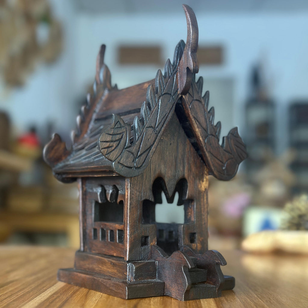 Hand Carved Teak Wood Spirit House Shrine: Traditional Thai Home Temple Decor