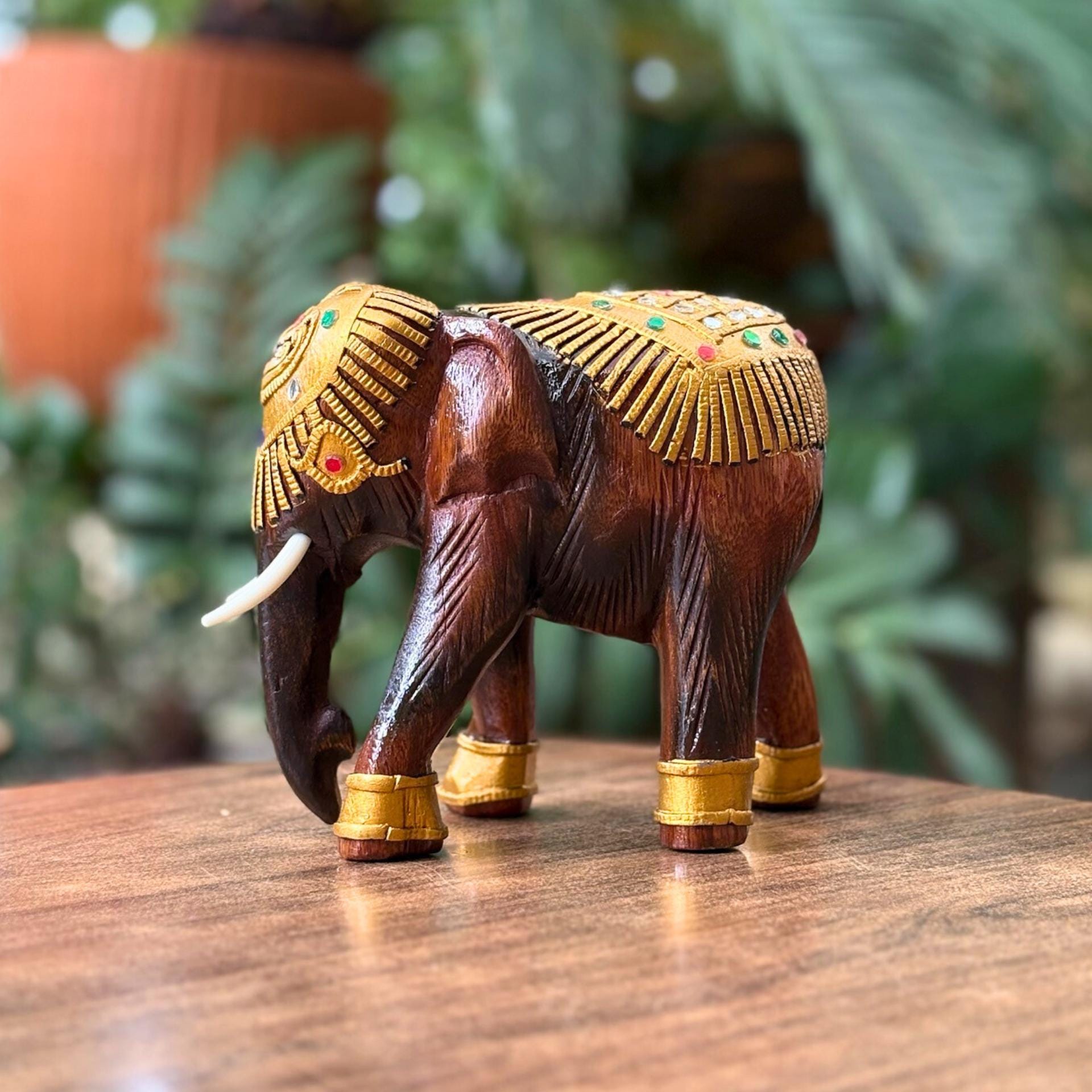 Wooden Elephant Sculpture, Handcarved Thai Decor: Golden Elephant Figurine, Cultural Folk Art Accent