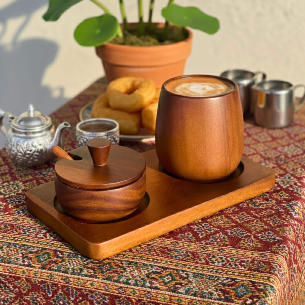 Hand Carved Wood Sugar Bowl & Tumbler Set: Coffee Bar Serving Tray