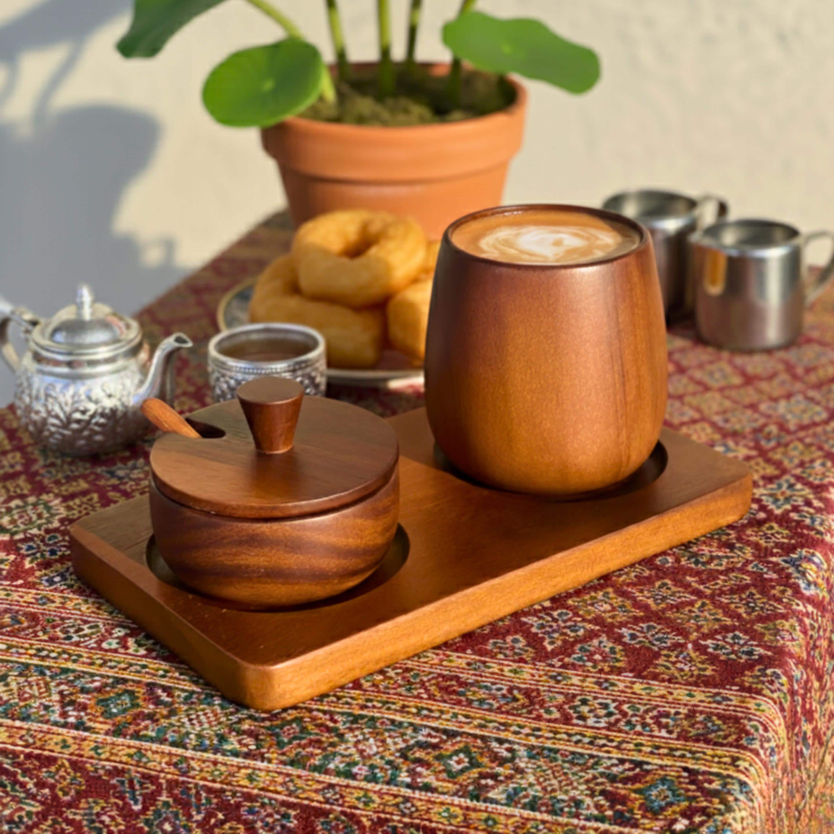Hand Carved Wood Sugar Bowl & Tumbler Set: Coffee Bar Serving Tray