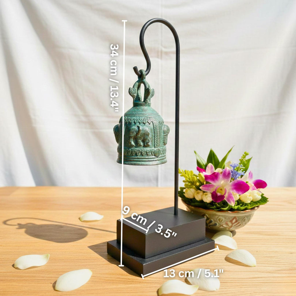 Minimalist Metal Bell Stand: Antique Patina Temple Bell Modern Decor