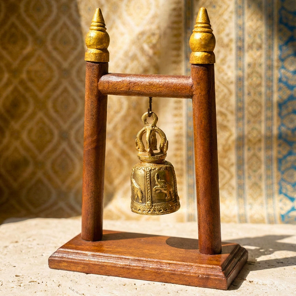 Hand Carved Teak Wood Single Bell Frame: Traditional & Serene Thai Altar Decor