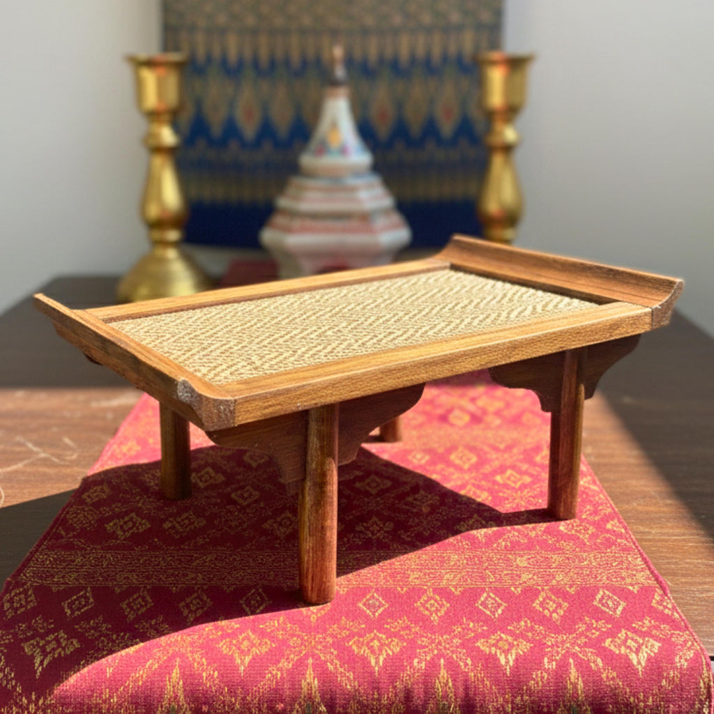 Handcrafted Wooden Altar Pedestal Tray: Woven Rattan Offering Stand