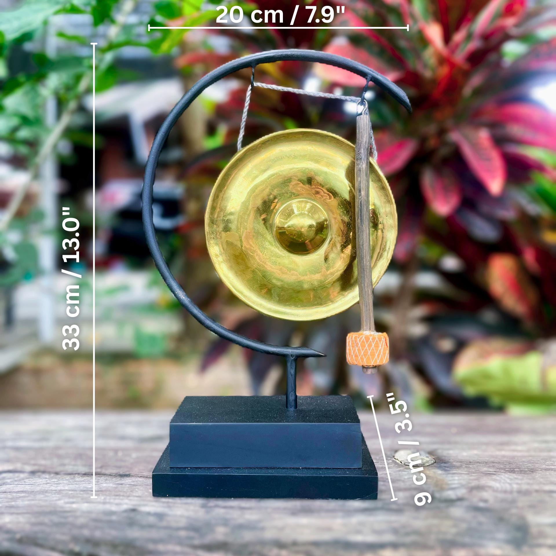 Minimalist Metal Gong on Stand: Golden Brass Zen Decor