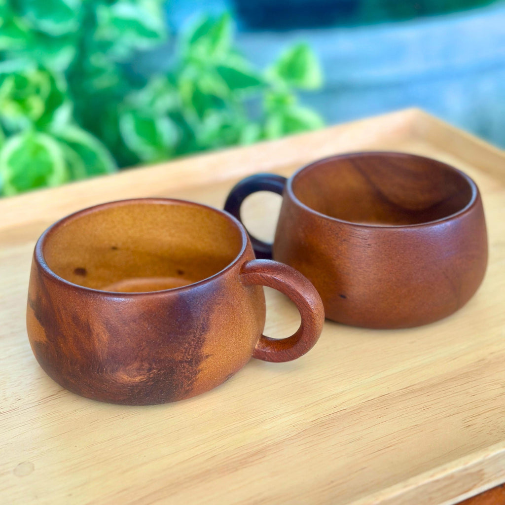Hand Carved Wooden Coffee Mug Set: Two Teak Wood Tea Cups