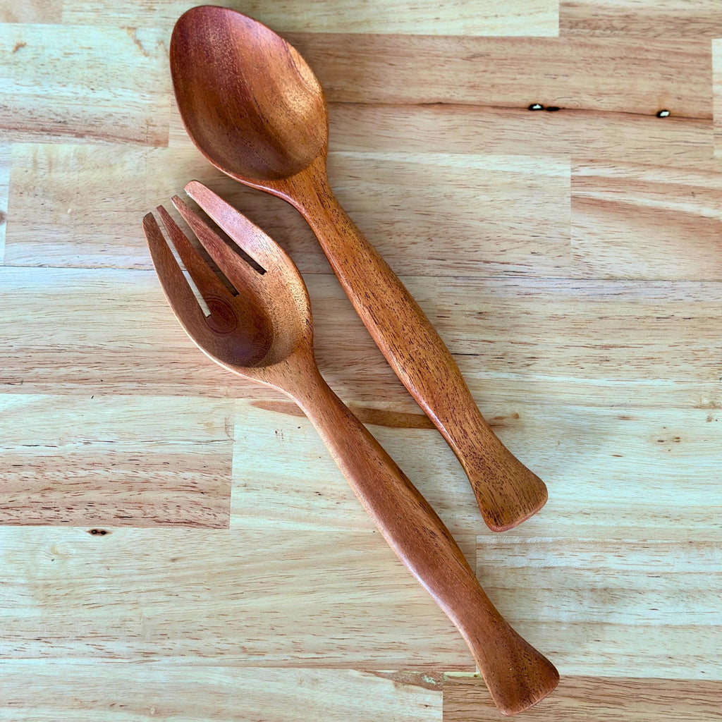 Hand Carved Wood Salad Tongs Serving Set: Rustic Upcycled Kitchen Utensils