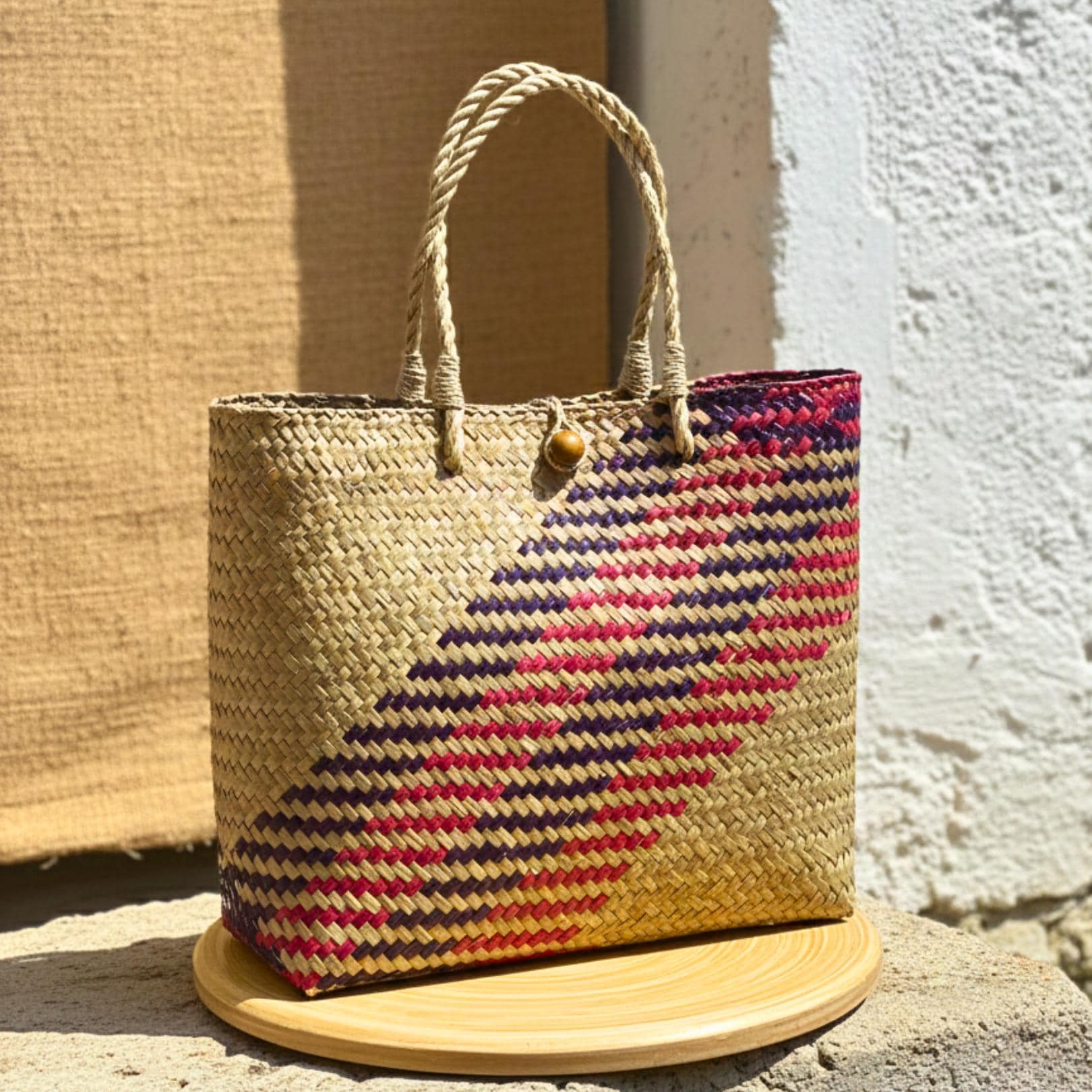Hand Woven Rattan Market Bag: Large Boho Wicker Tote with Geometric Pattern