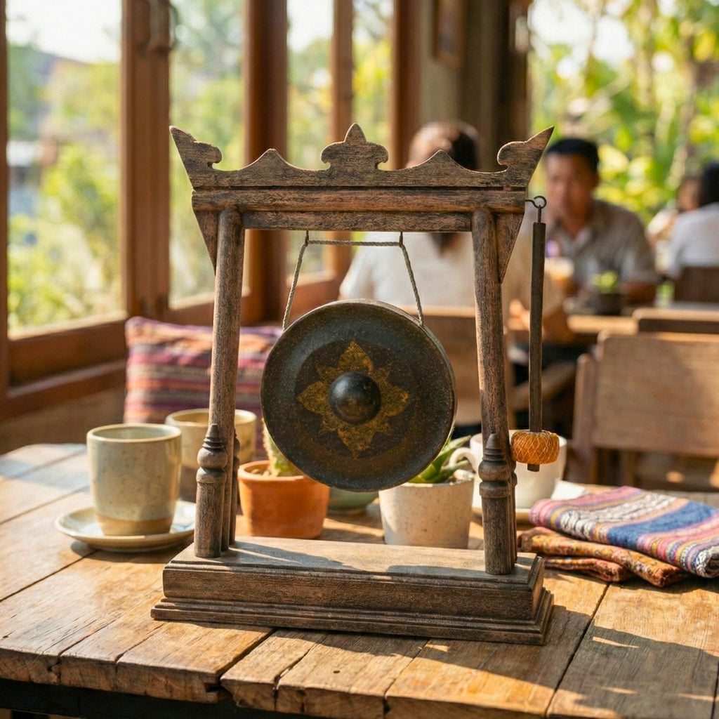 Hand Carved Wood Gong with Traditional Thai Motifs: Authentic Antique Altar Decor
