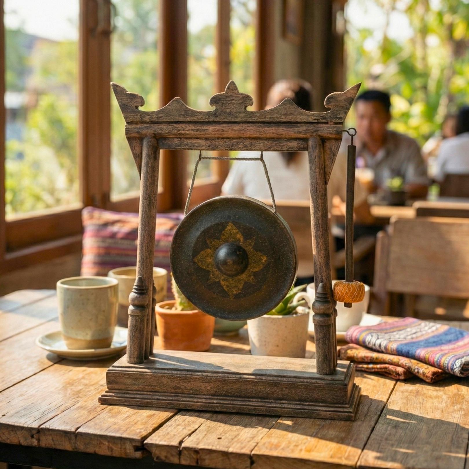 Hand Carved Wood Gong with Traditional Thai Motifs: Authentic Antique Altar Decor