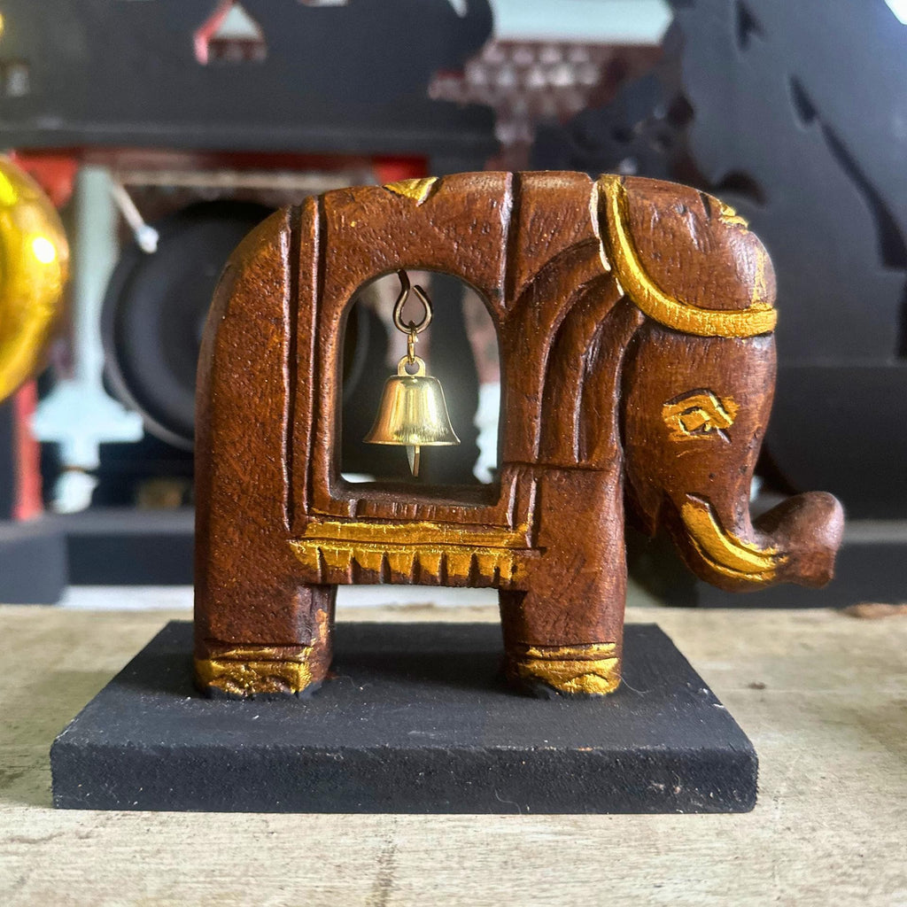 Handcarved Elephant with Bell: Wood Brass Figurine Symbolic Decor