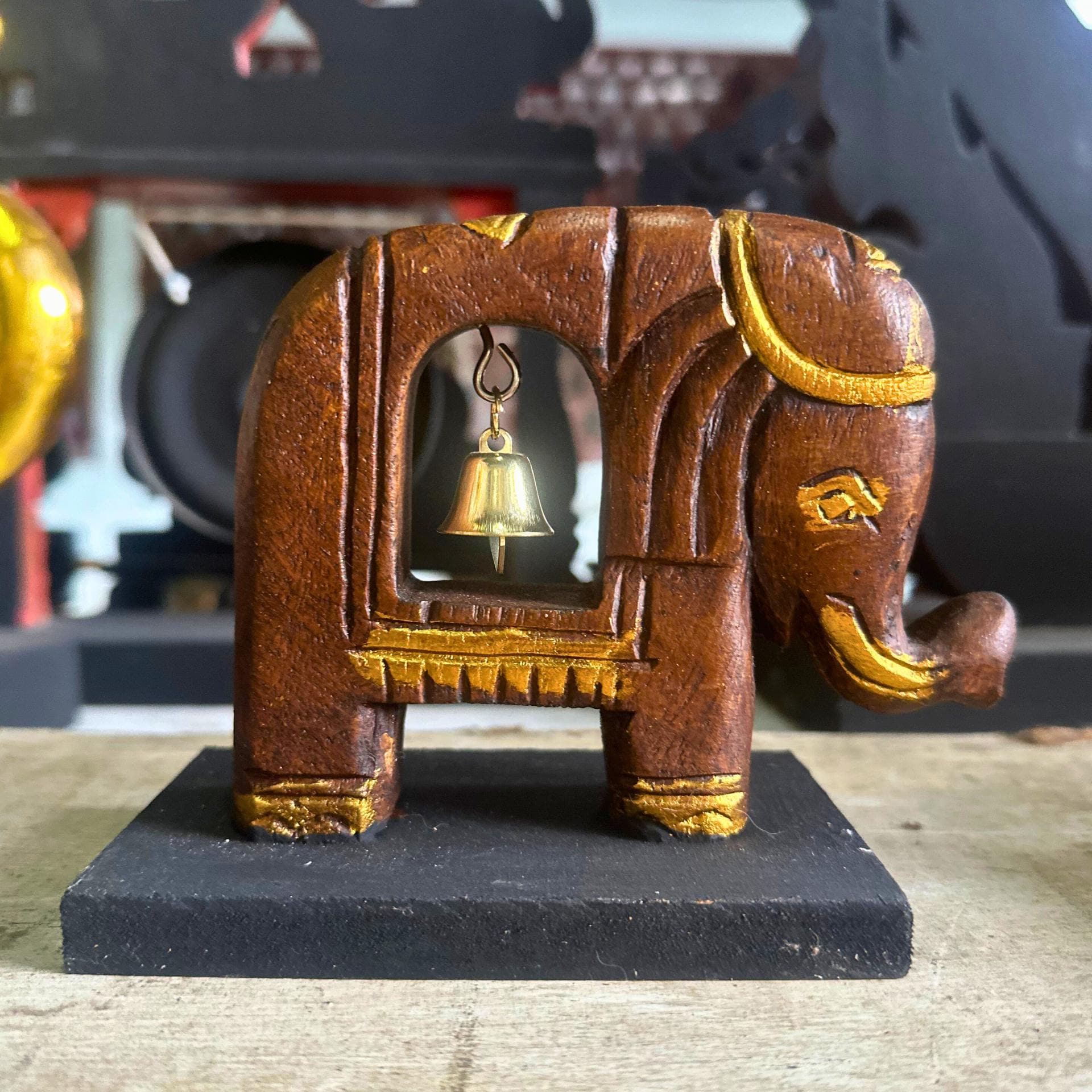 Handcarved Elephant with Bell: Wood Brass Figurine Symbolic Decor