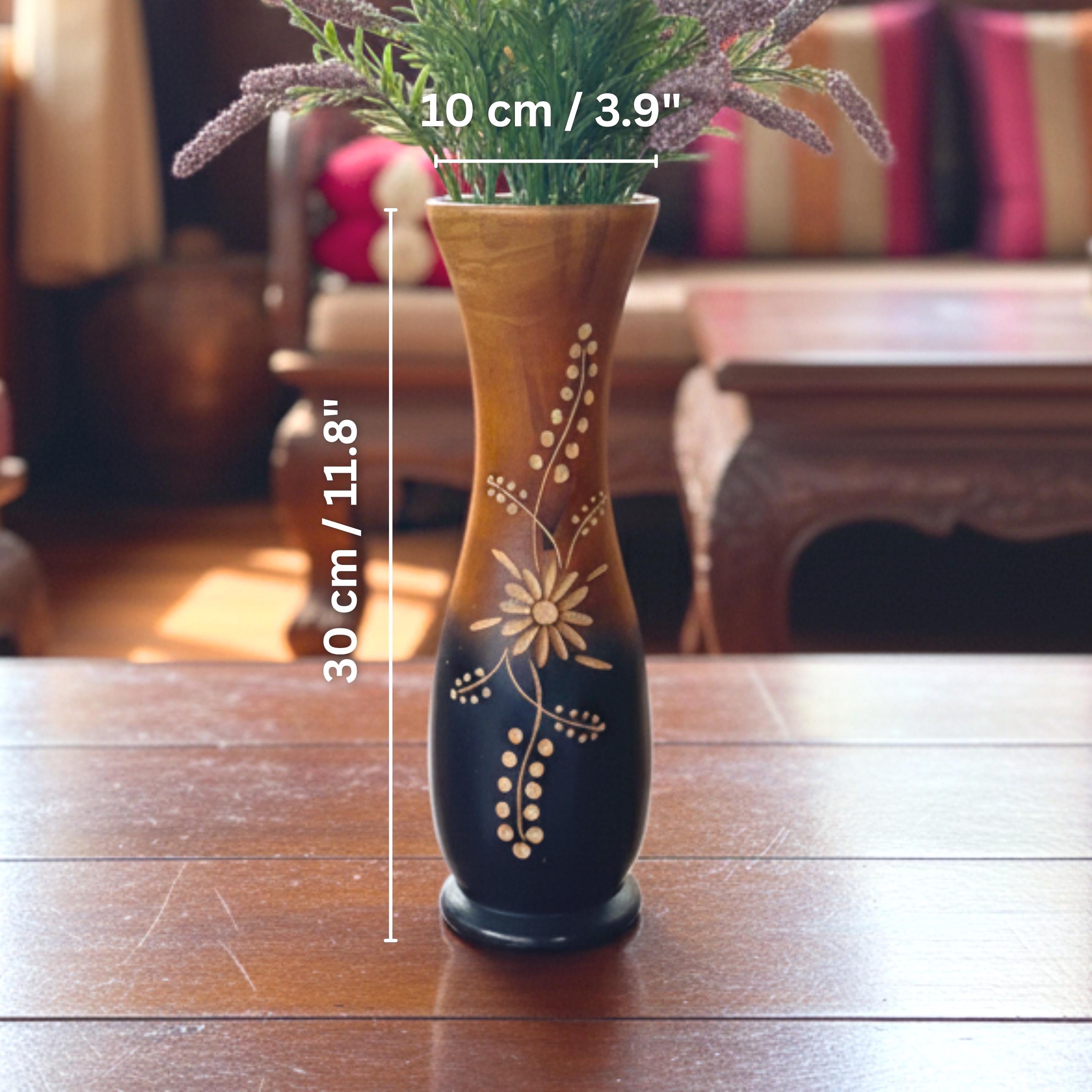 Hand Carved Wooden Tabletop Vase: Two Tone Floral Rustic Centerpiece