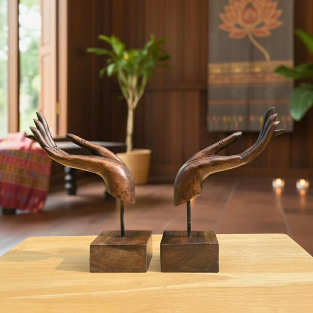 Hand Carved Wood Sculpture Set of 2: Dhyana Mudra Zen Decor
