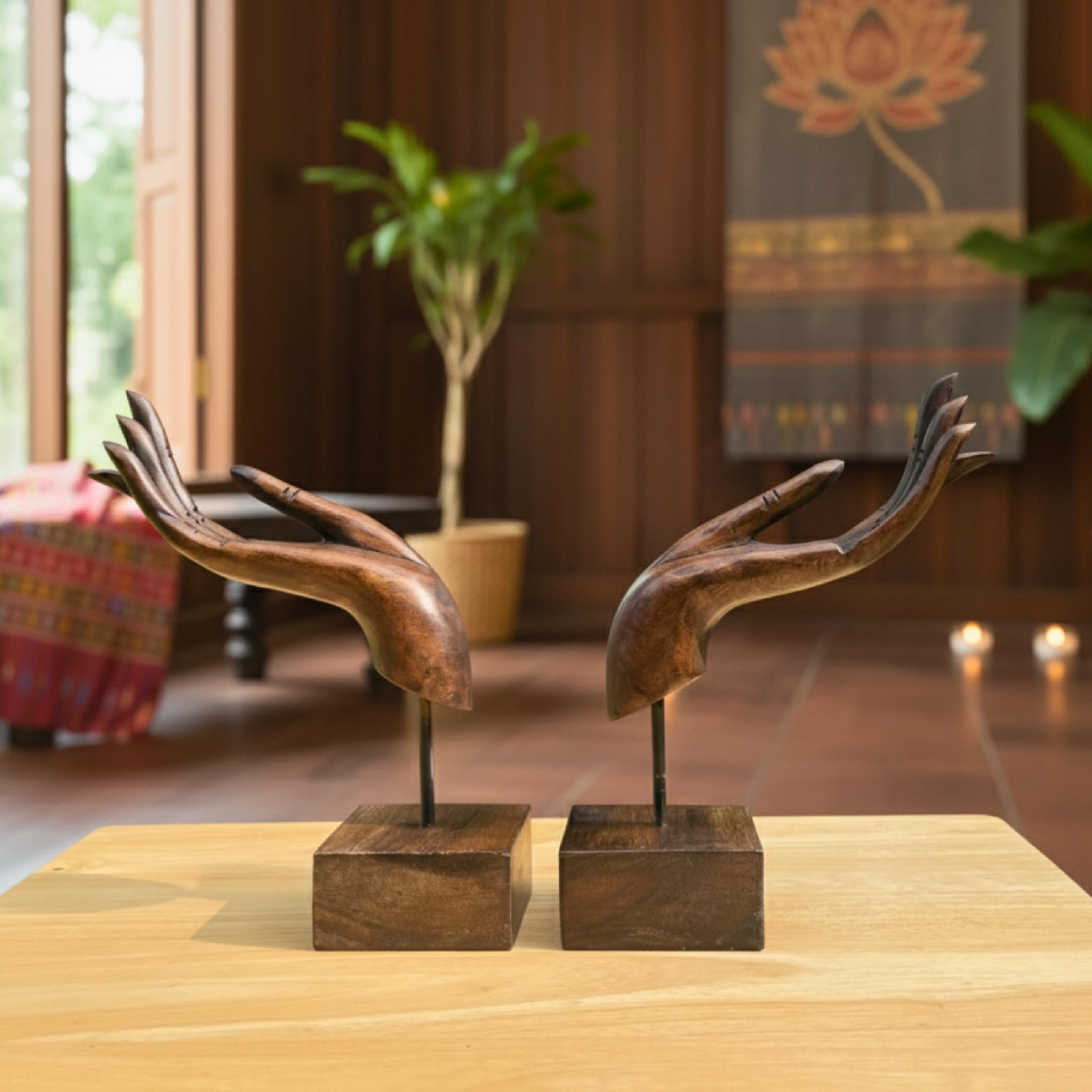 Hand Carved Wood Sculpture Set of 2: Dhyana Mudra Zen Decor