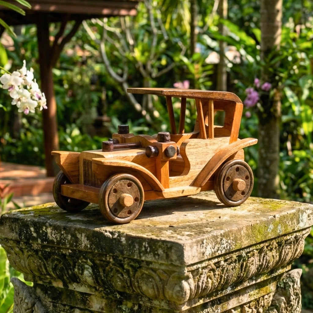 Hand Carved Wood Model-T Car: Antique Vintage Automobile Desk Decor