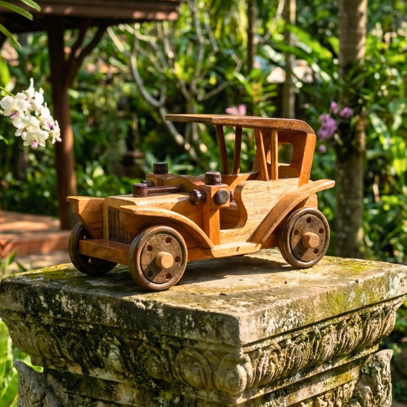 Hand Carved Wood Model-T Car: Antique Vintage Automobile Desk Decor