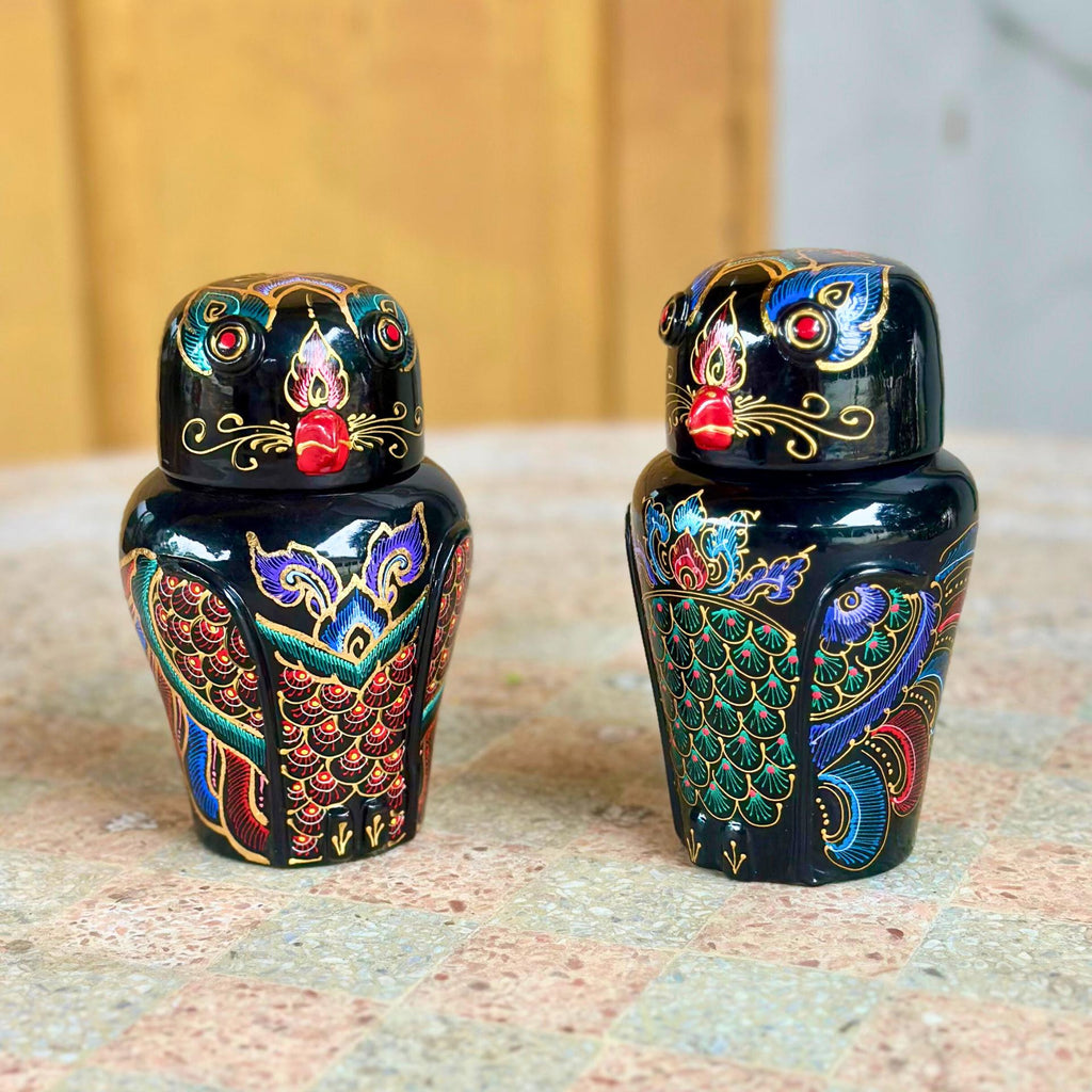 Hand-Painted Acacia Wood Owl Figurine: Black Lacquer Gold Accents