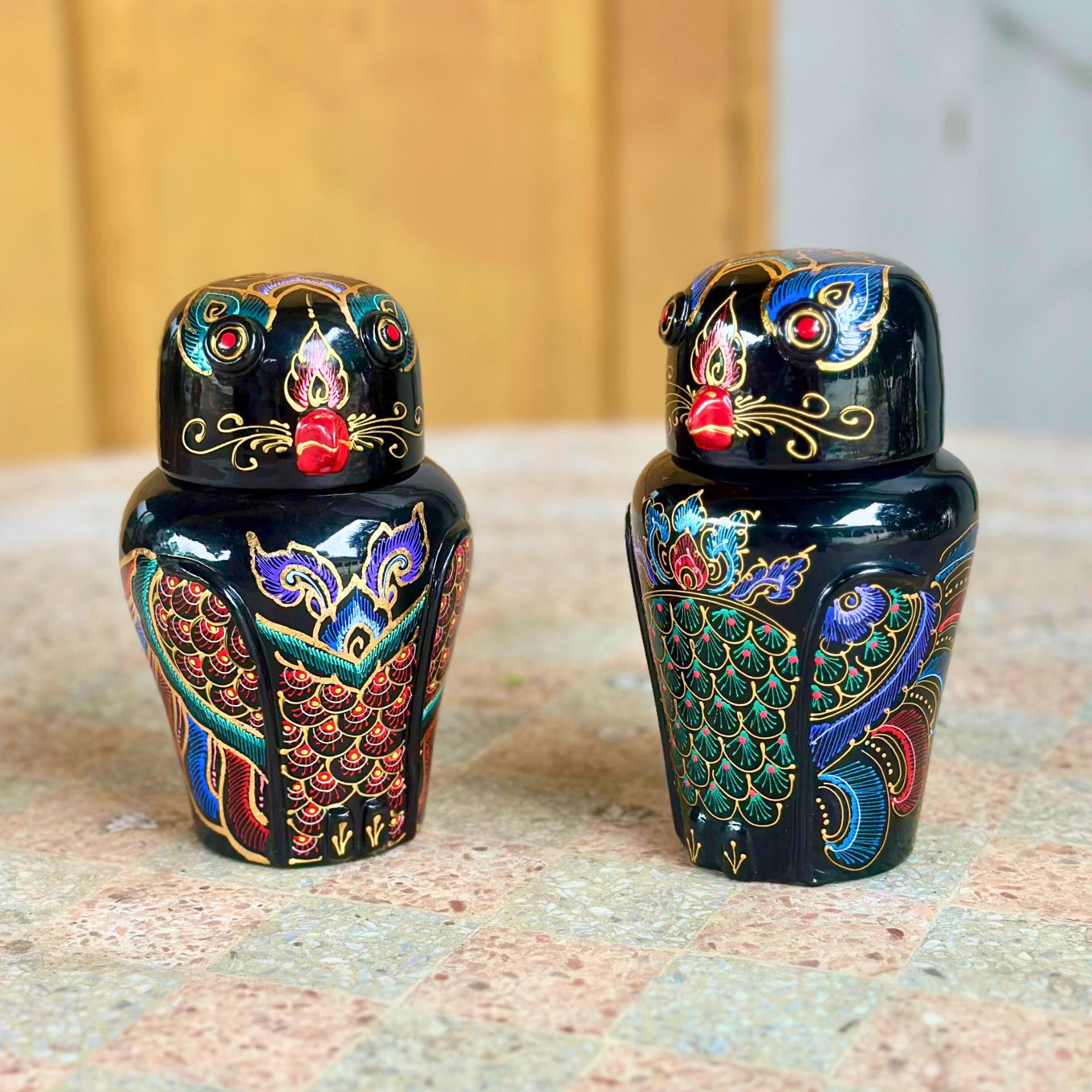 Hand-Painted Acacia Wood Owl Figurine: Black Lacquer Gold Accents