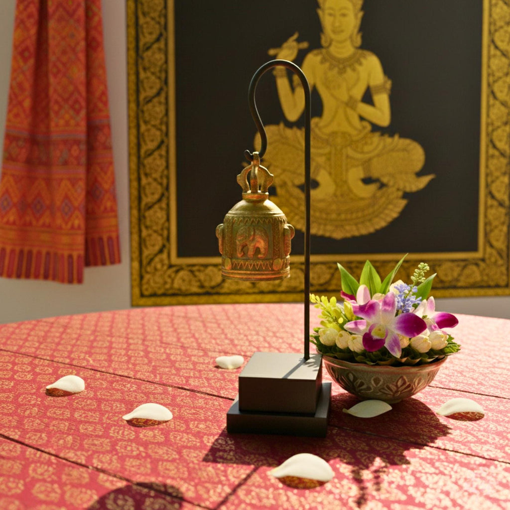 Minimalist Golden Bell Stand: Polished Thai Temple Bell Modern Decor