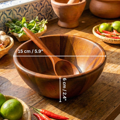 Hand Carved Acacia Wood Bowl & Spoon Set: Rustic Cereal and Soup Bowl