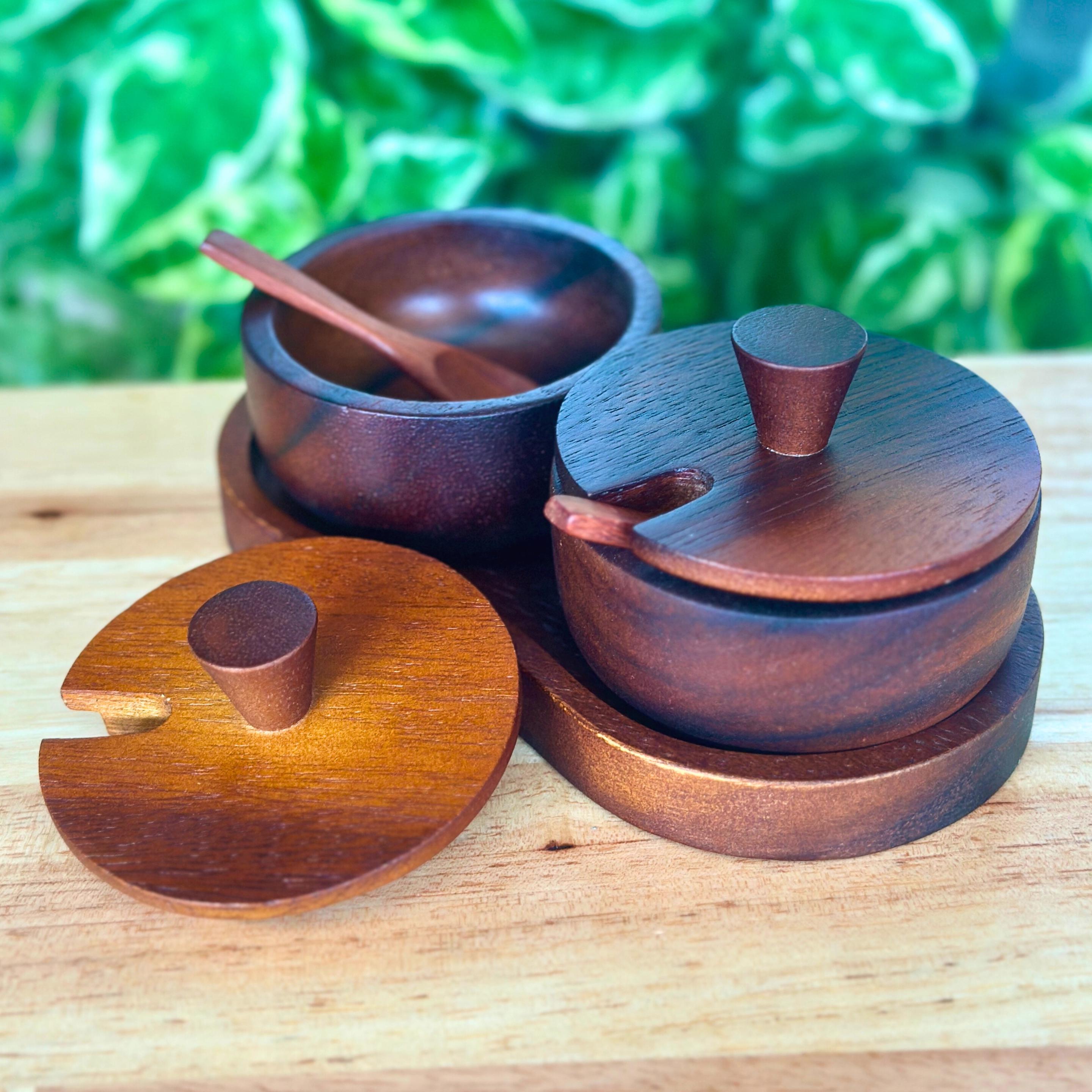 Hand Carved Wood Spice and Condiment Set: Salt, Sugar, and Pepper Server