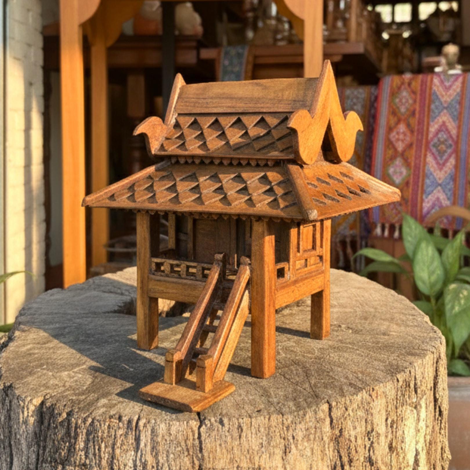 Hand Carved Teak Wood Spirit House: Traditional Thai Architectural Miniature