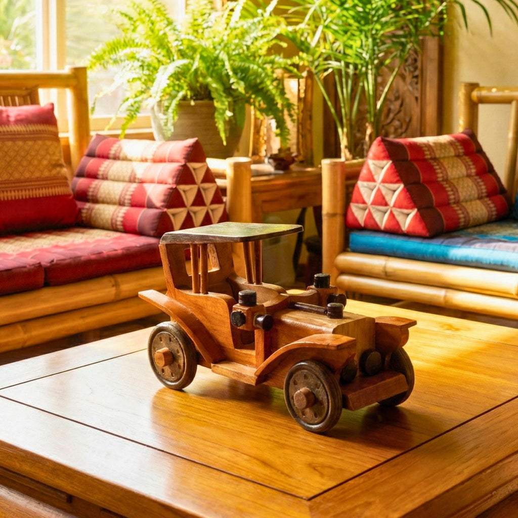 Hand Carved Wood Model-T Car: Antique Vintage Automobile Desk Decor